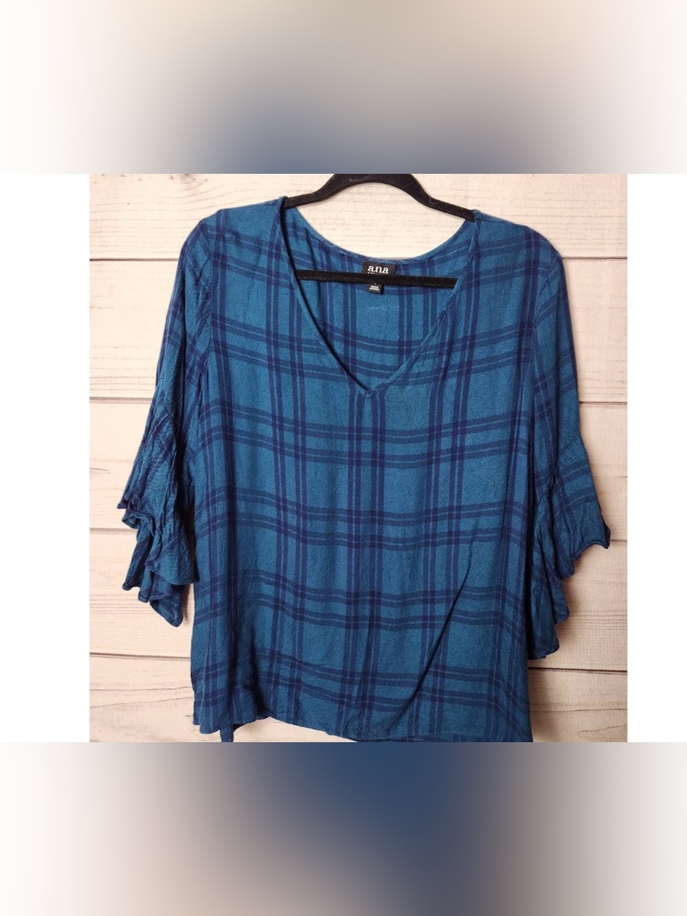 a.n.a-Womens Blue Plaid Pattern Ruffled Sleeve Shirt Pullover V Neck  Sz XL EUC